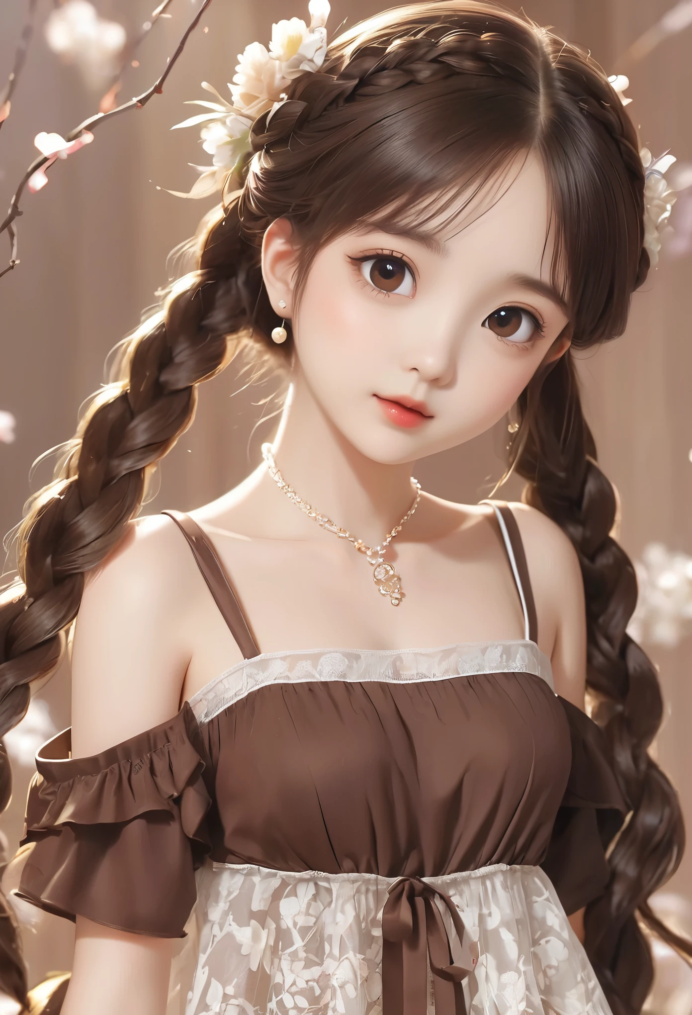 ((best quality, 8K, masterpiece :1.3))***********、 Cute anime style, ,Brown double braids、，solitary,Exquisite eyes, ((Dark brown hair, Large Breasts :1.2)), Beautiful lace lingerie（8K）（HD）（（best quality））， （（Intricate details））， （8K）