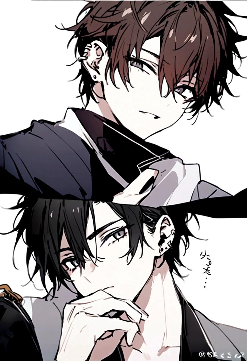 A handsome young man,with messy hair and beautiful black tired eyes tjat has long eyelashes and with ear piercings
