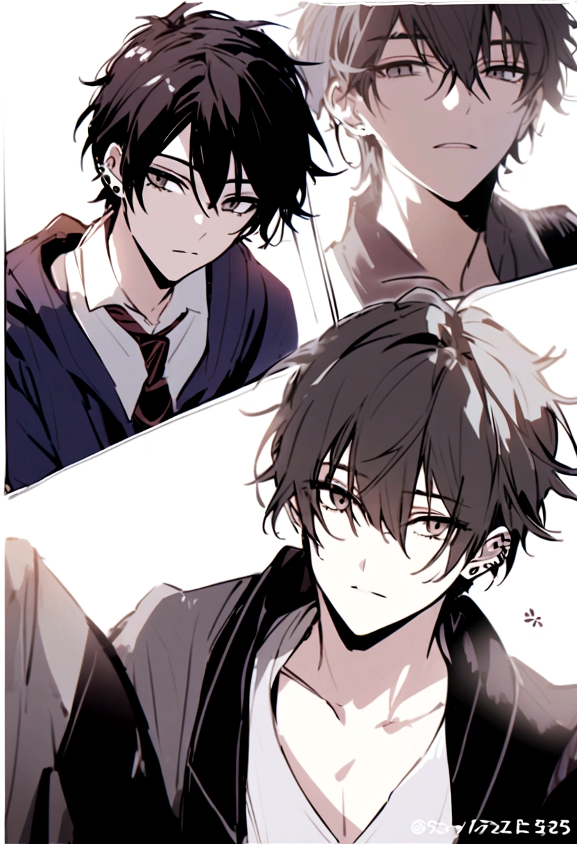 A handsome young man,with messy hair and beautiful black tired eyes tjat has long eyelashes and with ear piercings