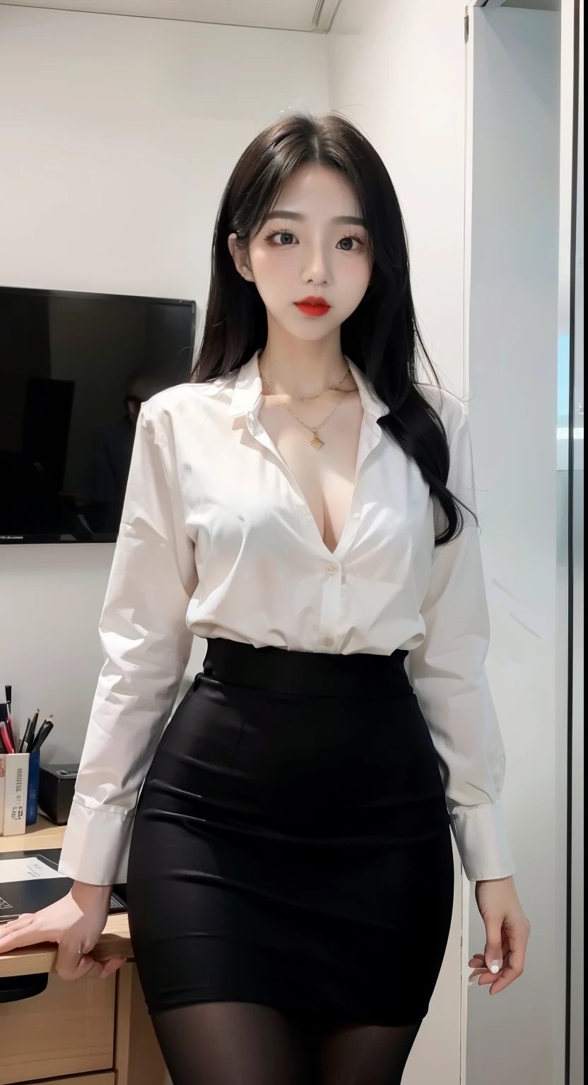 Beautiful Girl, Korean makeup, Red lips, Perfect body, medium , thigh, walk, Going, secretary, office, necklace slit shirt, Pencil skirt, black tights, View of the office,