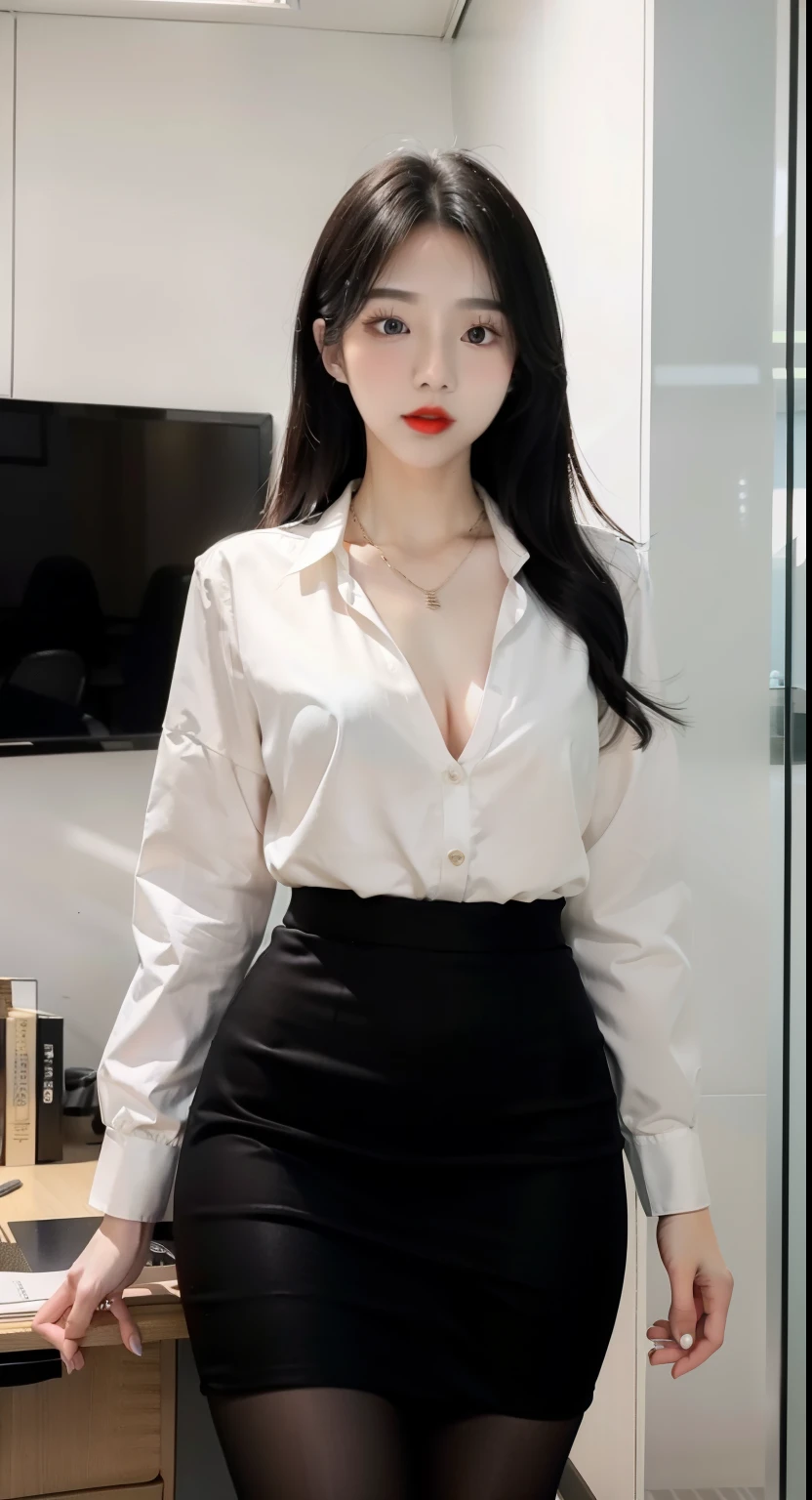 (Best Quality, High Resolution, Masterpiece: 1.3), A tall and beautiful woman, slender abs, dark brown hair in loose wavy styling, big breasts: 2, wearing pendant, white button-down shirt, belt, black skirt, (modern architecture in the background), beautifully presented details in face and skin texture, detailed eyes, double eyelids