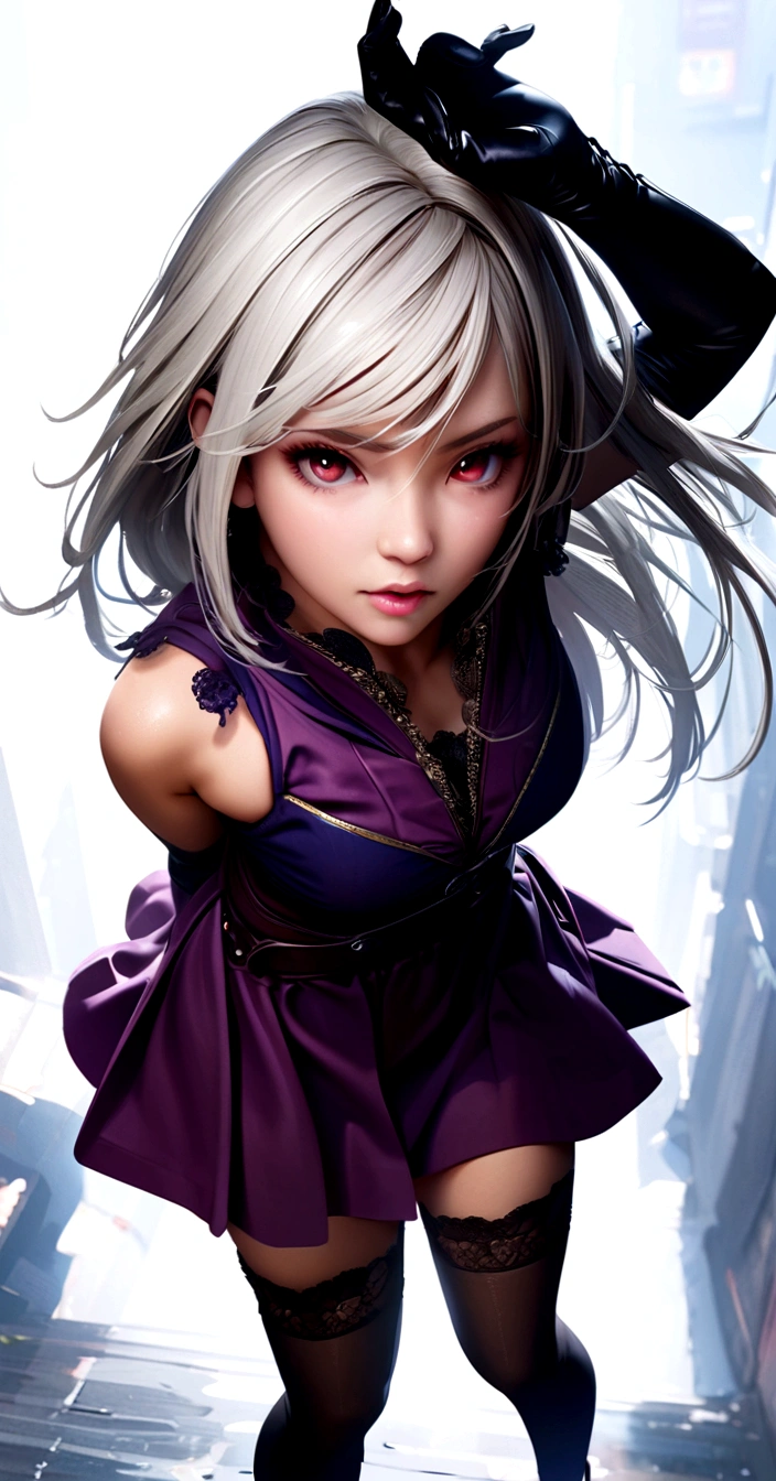 a beautiful anime girl, short white hair, red eyes, wearing a handless purple dress with a skirt, long black gloves, and thigh-high stockings, posing in an HDR, highly detailed, photorealistic style