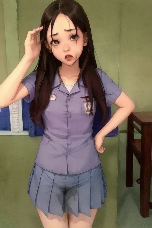 (pp clothes), from forehead, Indonesia school girl, haunted house, horror, peeing jeans.