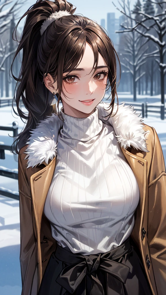 (masterpiece:1.3, highest quality, Ultra-high resolution, Super detailed), (Realistic, photoRealistic:1.4), Beautiful illustrations, Perfect lighting, Natural light, colorful, Depth of written boundary, winter、snow, Beautiful detailed hair, Beautifully detailed face, Beautiful fine details, Beautiful clavicle, Beautiful body,, Beautiful feet, Beautiful fingers, Shiny skin, Baby Face, View Viewer,  Full Body Shot、1 beauty, Japanese, single,20-year-old, (Perfect Anatomy, Anatomically correct, Highly detailed skin), Cute and symmetrical face, Perfect Face, smile、Perfect Eyes, (Dark brown hair、ponytail:1.4), Dark brown eyes, Long eyelashes, Medium chest,, thin, Excellent style, , (Detailed cloth texture),(Fur coat:1.4), ((Thick turtleneck sweater：1.4)), ((Long skirt:1.4)),(Beautiful views), evening, (かわいらしいsmile, Lips parted),
