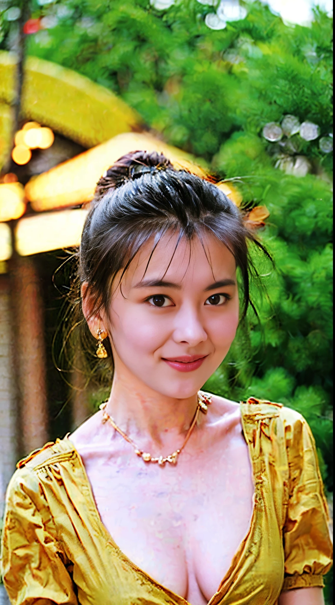 Tabletop, (highest quality:1.4), Realistic, Very detailed CG 統合 8k 壁紙, Very detailed, High resolution raw color photos, Professional photography, Realistic portrait, Cinematic Light, Beautiful details, One Girl, (naked:1.5), Beautiful big , Chest Details, (Cleavage:1.2), (Beautiful Face:1.2), Close-up portrait of a girl in beautiful open-fronted clothes, Exposing shoulders, (Beautiful clothes with a wide open chest:1.4), Gold metallic shiny bra, , (Camel toe details), Outdoor, Very intricate and detailed, float, , A sense of truth, Beautiful landscape of the forest, city, Sexy lighting, stare, whole body