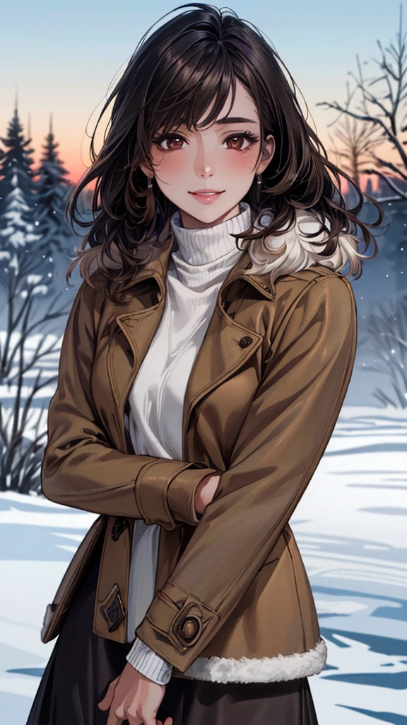 (masterpiece:1.3, highest quality, Ultra-high resolution, Super detailed), (Realistic, photoRealistic:1.4), Beautiful illustrations, Perfect lighting, Natural light, colorful, Depth of written boundary, winter、snow, Beautiful detailed hair, Beautifully detailed face, Beautiful fine details, Beautiful clavicle, Beautiful body,, Beautiful feet, Beautiful fingers, Shiny skin, , View Viewer, Full Body Shot、1 beauty, Japanese, single,20-year-old, (Perfect Anatomy, Anatomically correct, Highly detailed skin), Cute and symmetrical face, Perfect Face, smile、Perfect Eyes, (Dark brown hair、Medium Wave:1.4), Dark brown eyes, Long eyelashes, Medium chest,, thin, Excellent style, , (Detailed cloth texture),(Fur coat:1.4), ((Thick turtleneck sweater:1.4)), ((Long skirt:1.4)),(Beautiful views), evening, (かわいらしいsmile, Lips parted),