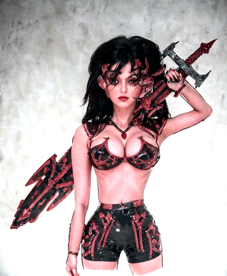una ragazza ultra bella, con un'armatura (armatura techno fantasy nera) e una grande spada nella schiena, carina, 12k, uhd, fotorealistica, decorazioni rosse, capelli corti neri, ((razza europea)), (ultra bella splendida realistica), ventre nudo e (braccia nude), armatura nera, decorazioni rosse, grande spada rossa, peli neri, ((pelle rosa))