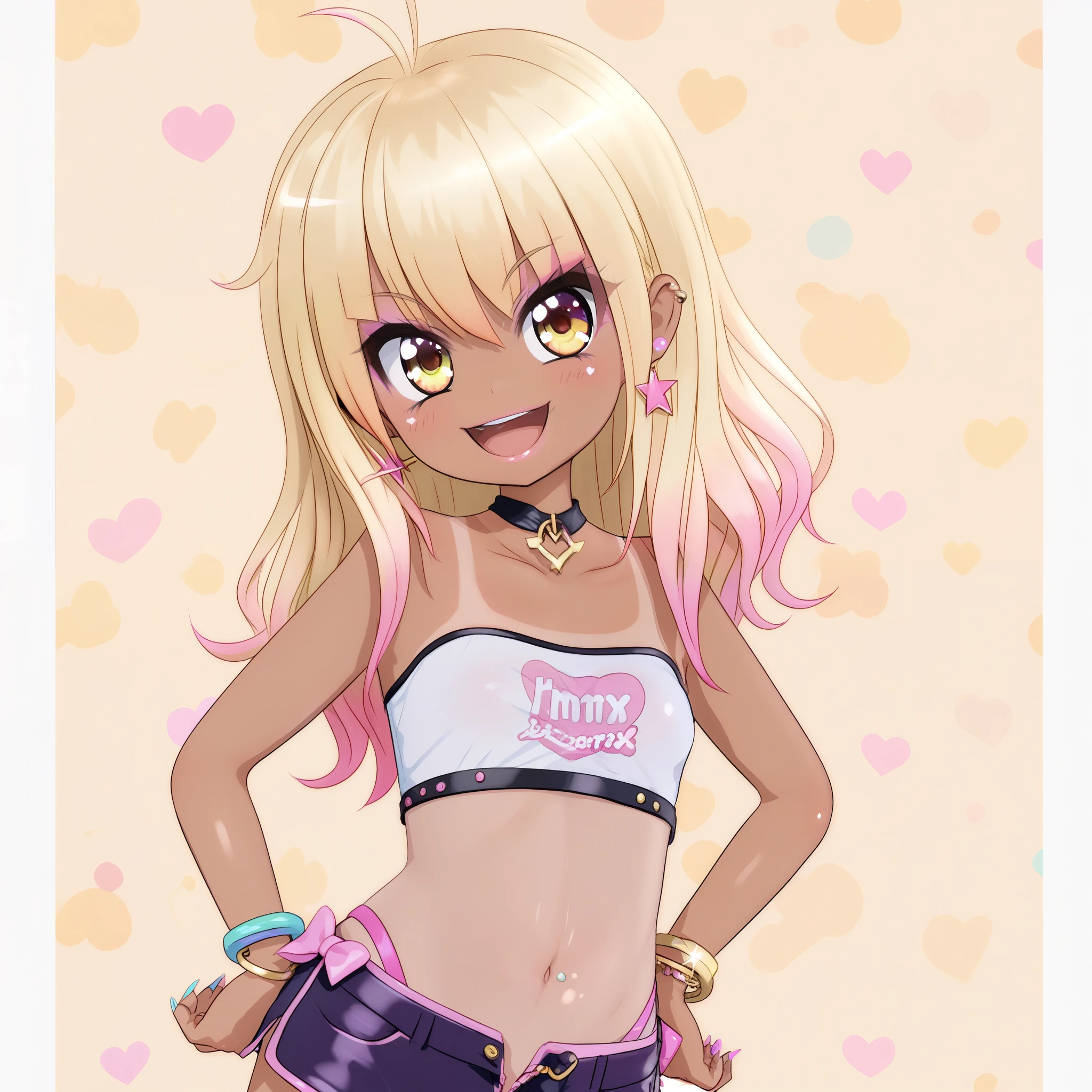 By mantis-x, (gyaru), young girl, tight small hotpants, small breasts, playful smile, blonde hair, ((tanned skin)), solo, midriff, tube top,