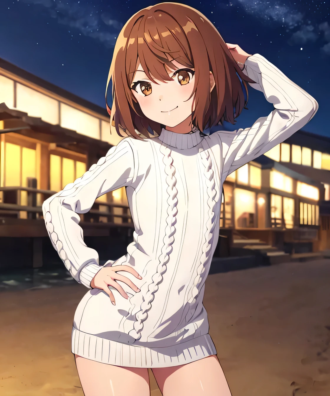 1girl, (shapely body), solo, hdr, saiai kinuhata, solo, short hair, brown hair, brown eyes, jewelry, sweater, solo focus, solo, night sky, beach, arm behind head, hand on hip, contrapposto, spread armpits, closed mouth, smile, (cowboy shot:1.5), looking at viewer, v, white sweater, sweater dress, flat chest,