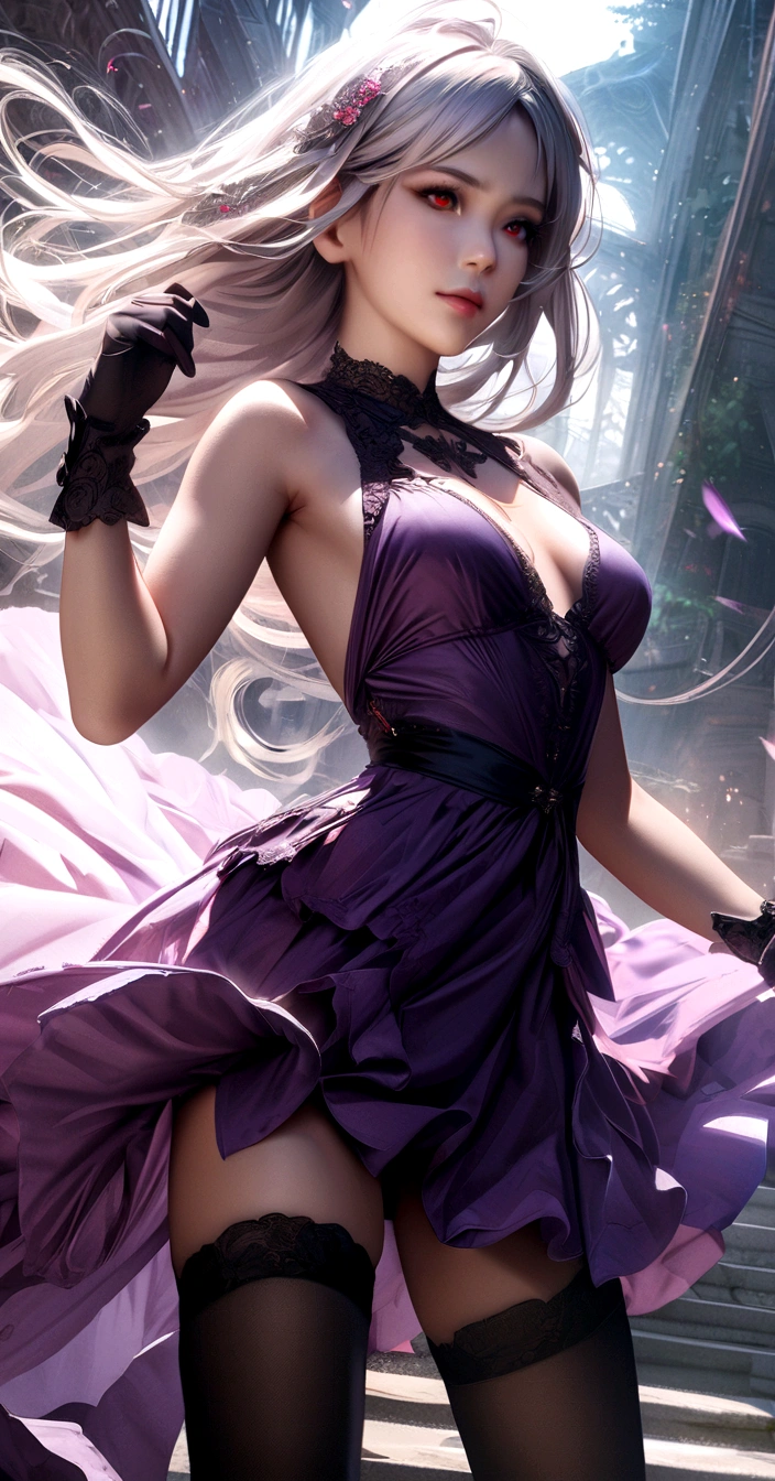 A beautiful anime girl, short white hair, piercing red eyes, wearing a handless purple dress with a flowing skirt, long black gloves, and thigh-high stockings, posing gracefully in an HDR, highly detailed, photorealistic, 8k, masterpiece, digital painting, vibrant colors, dramatic lighting, dynamic composition, intricate details, ethereal atmosphere