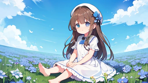 1 girl, white frill dress, blue flower field, sunlight, blue sky, summer, white beret, brown hair, blue eyes, princess long hair, short height, she sits barefoot on flowers,