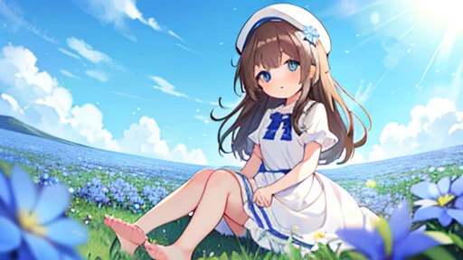 1 girl, white frill dress, blue flower field, sunlight, blue sky, summer, white beret, brown hair, blue eyes, princess long hair, short height, she sits barefoot on flowers,