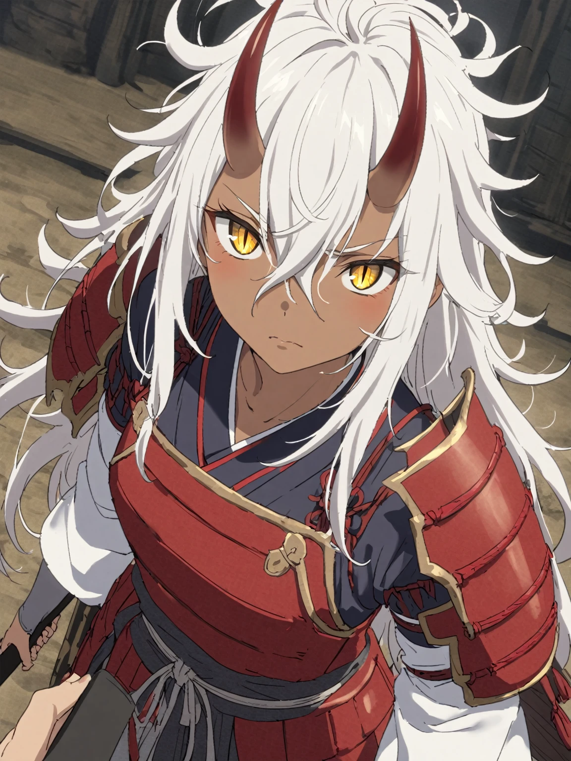 {{upper body, dutch angle}} {{Artist: sincos}} 1girl, white pupils, yellow eyes, slit pupils, very long hair, spiked hair, dark skin, oni horns, skin-covered horns, japanese clothes, white hair, hair between eyes, long bangs, japanese clothes, (red samurai armor:1.3), (messy hair), small breasts, samurai, serious, long sleeves, samurai, pov, medieval fantasy.