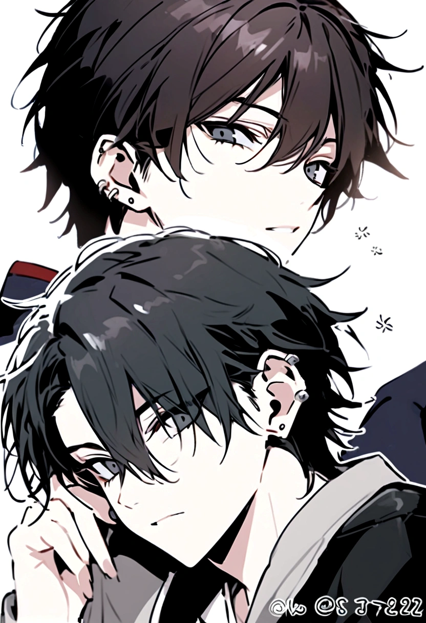 A handsome young man,with messy blackhair and beautiful black tired eyes tjat has long eyelashes and with ear piercings