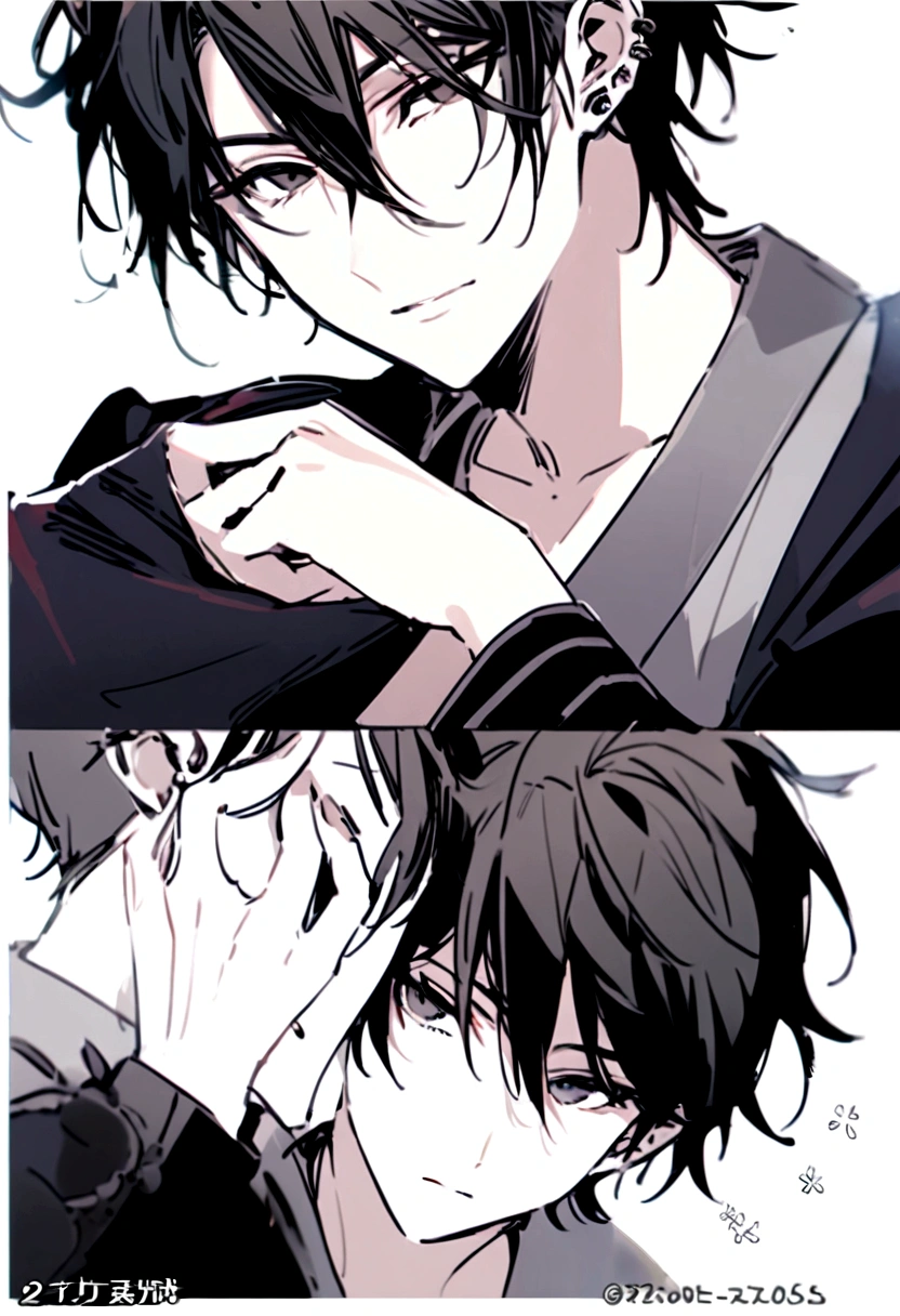 A handsome young man,with messy blackhair and beautiful black tired eyes tjat has long eyelashes and with ear piercings