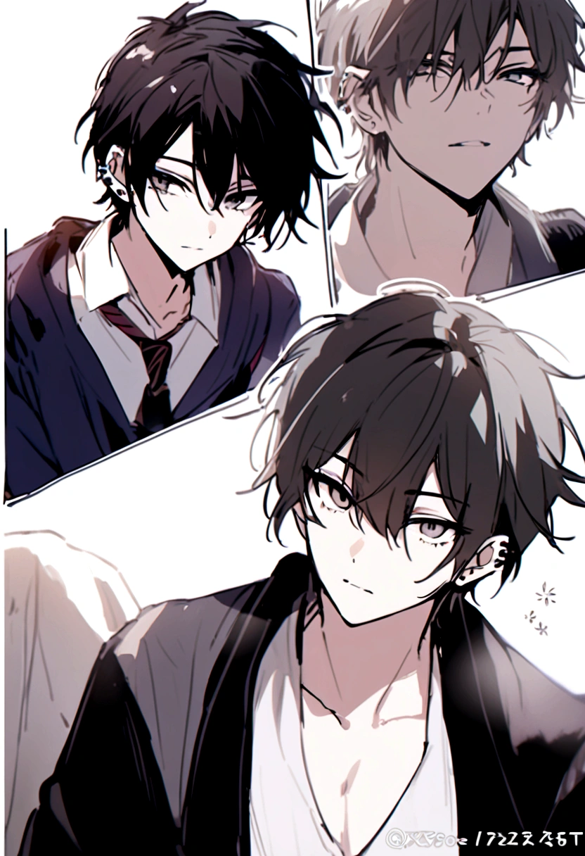 A handsome young man,with messy blackhair and beautiful black tired eyes tjat has long eyelashes and with ear piercings