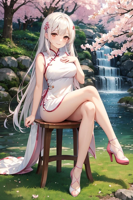 Young adult japanese girl, breathtaking cherry tree forest, ((long white elegant sleeveless long cheongsam dress with pink details)), smooth and beautiful legs, (brown eyes), long hair flowing in the wind, ((white hair),white high heeled pumps with cherry tree details, beautiful nature, japanese countryside, small water spring with small waterfall, ((high quality)), extremely detailed, (bokeh), dof, (hand on chest), large breasts, sitting in front of a cherry tree, elegant wooden stool, (cheerful girl sitting pose),(crossed legs), correct body anatomy, hand adjusting hair, dutch angle, grinning face, side swept front bangs