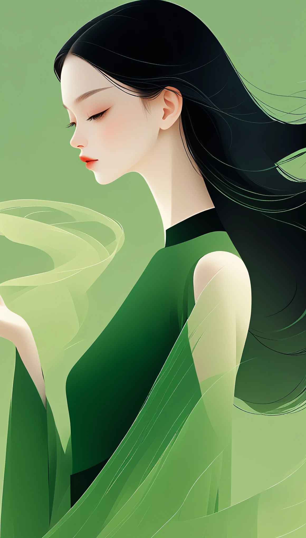 vector,flat form style,illustration,minimalist,digital art illustration,1 girl standing sideways,Unique,long black hair,pretty face,portrait,Shoulder,beautiful hands,It is artistic conception,Abstract,green tint