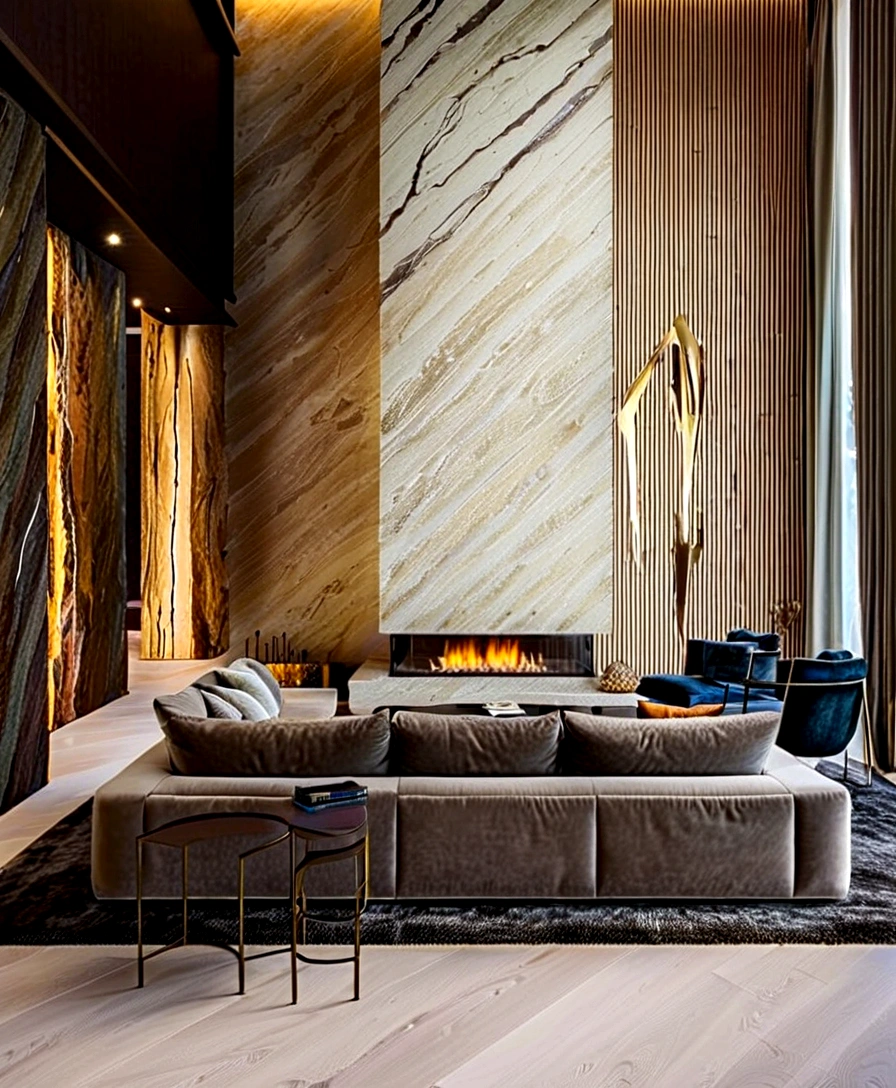 
Luxury living room design, with a tall wall fireplace with slab stone