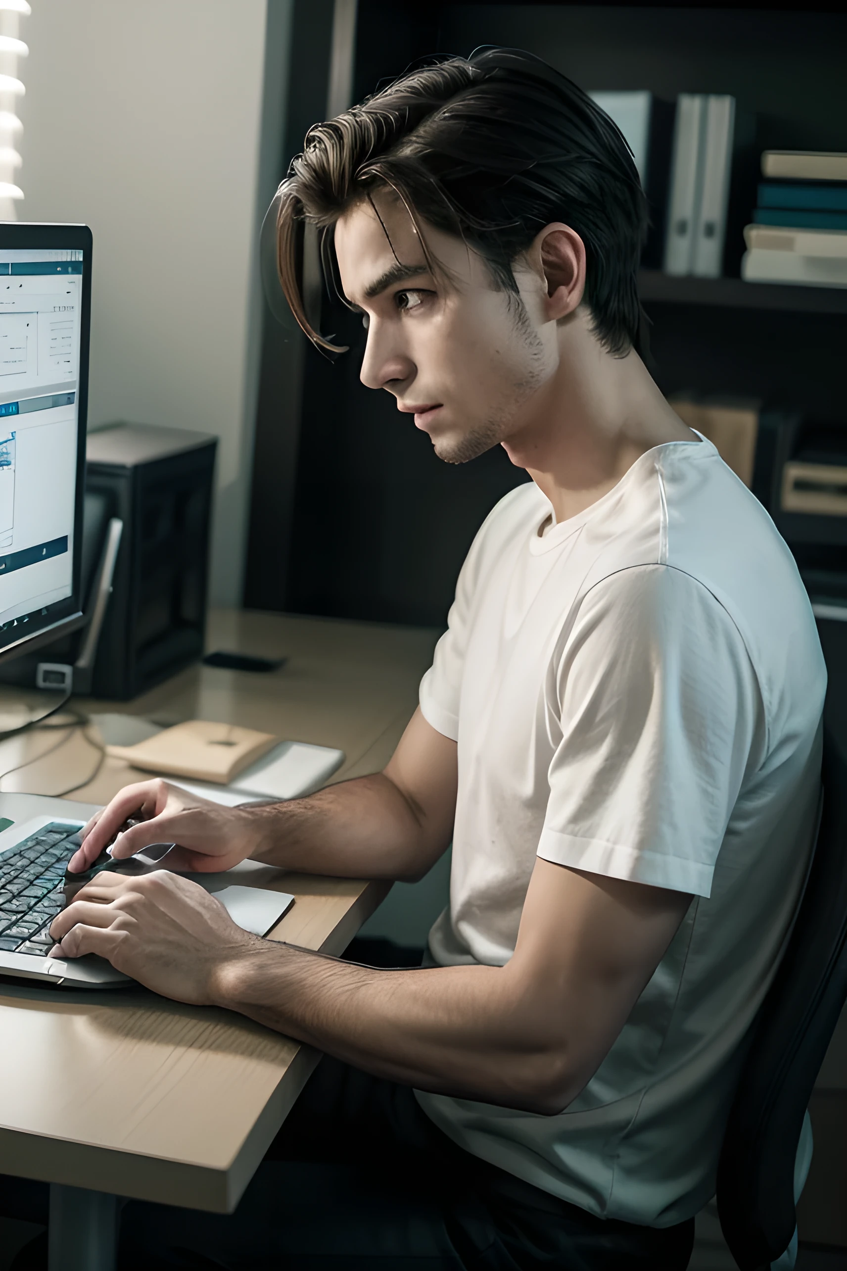 there is a man sitting at a table with a laptop, de terno, loiro, with hair back,trabalhando em um laptop em uma mesa, in front of a computador, sitting at a computador, sitting in front of computador, digitando no laptop, sitting at a computador desk, sentado na mesa no teclado, computador, Advanced technology, ad image, Profissional, com um laptop no colo, cinematic ,Obra de arte, Color grading.