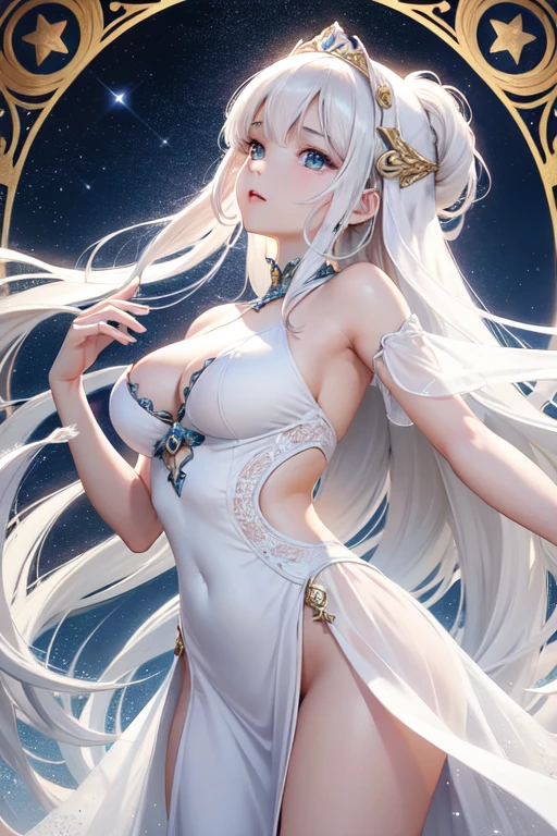 official art, unity 8k wallpaper, ultra detailed, beautiful and aesthetic, beautiful,masterpiece, best quality, (Libra motifs),(white sheer dress) (a girl havinga pair of scales:1.3) , (stars shining on the  background:1.1),(art nouveau style),dynamic angle, cowboyshot, the most beautiful form of chaos, elegant, a brutalist designed, vivid colours, romanticism, atmospheric