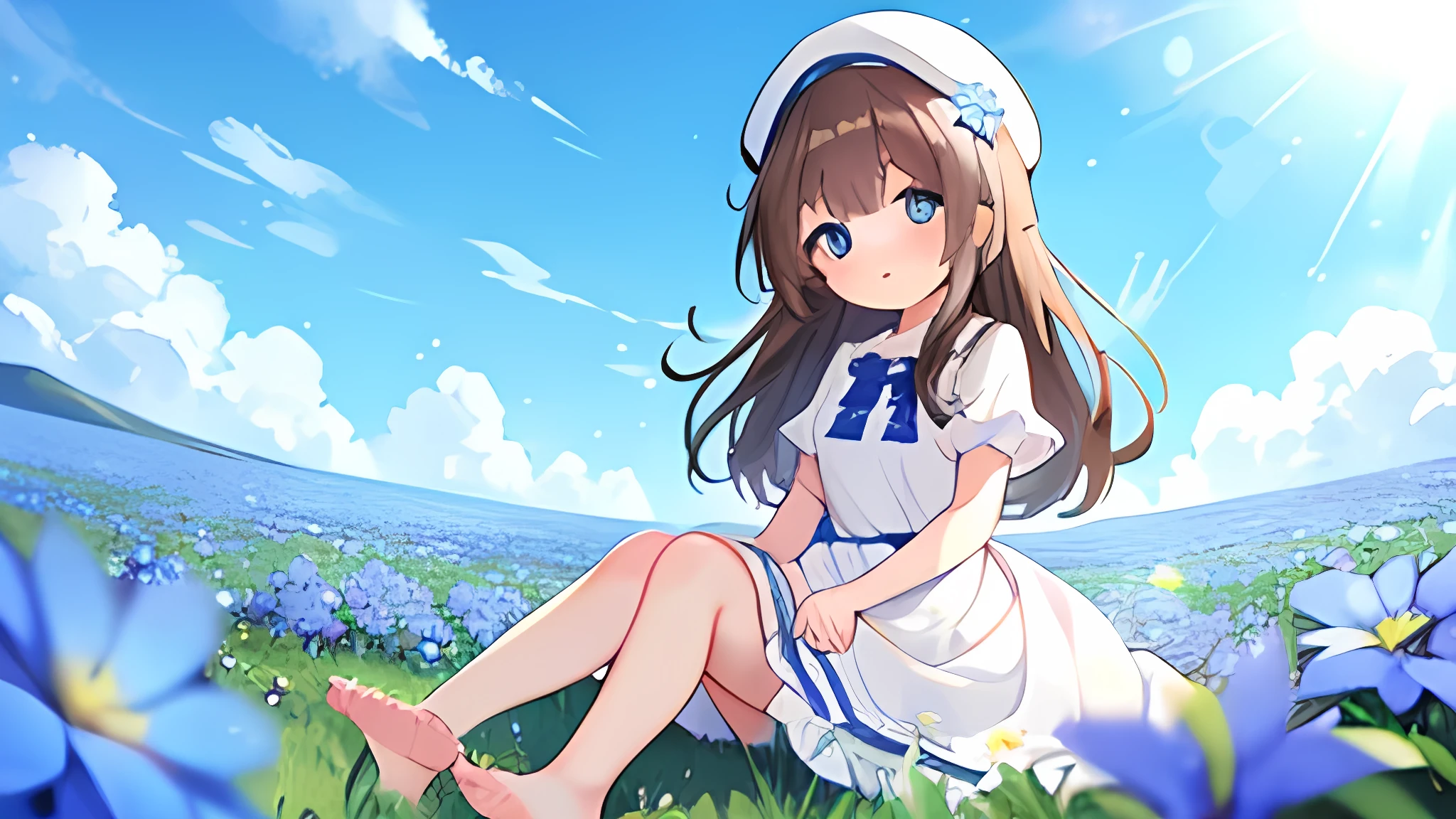 1 girl, white frill dress, blue flower field, sunlight, blue sky, summer, white beret, brown hair, blue eyes, princess long hair, short height, she sits barefoot on flowers,