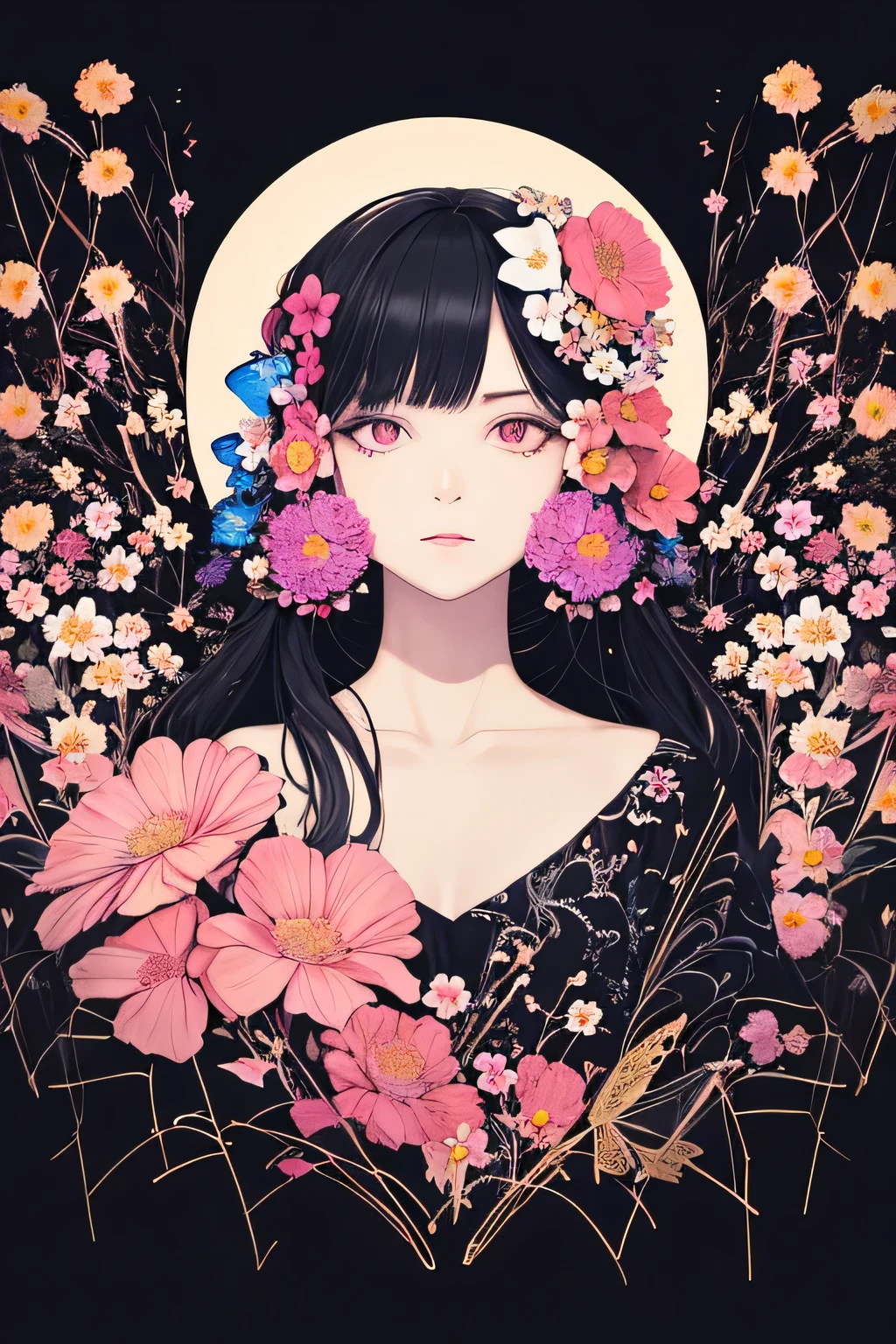 , maximalism,Neon Theme,Suprematism,beautiful detailed flower, beautiful detailed eyes,hyper detailed,flower,hyper quality,,eyes,flower and hair is same color,beautiful colour,face,her hair is becoming flower, flower,hair,flower,butterfly,,1 girl,,high detail, High quality,Rear light,hair and clothes is flower,Upper body ,High quality,hair with body ,webbed dress, Upper body, flower leg, flower hands,body with flower,    flower with clothes , dress with flower, , Light particles,Black background,  Hair with flower, with flower,floating hair with flower,floating1girl,,  marbling with hair and clothes, I look at the viewer,original,hand down, Paper cutting, Black background, flower forground,  hair with flower,a high resolution, hair with  flower,hair with flower ,hair,  wavy hair ,diffuse lighting, abstract,Butterfly with body,   flower with hair, her hair is flower,large upper sleeves, floating,pupils, [[hair over one eye]],dark 