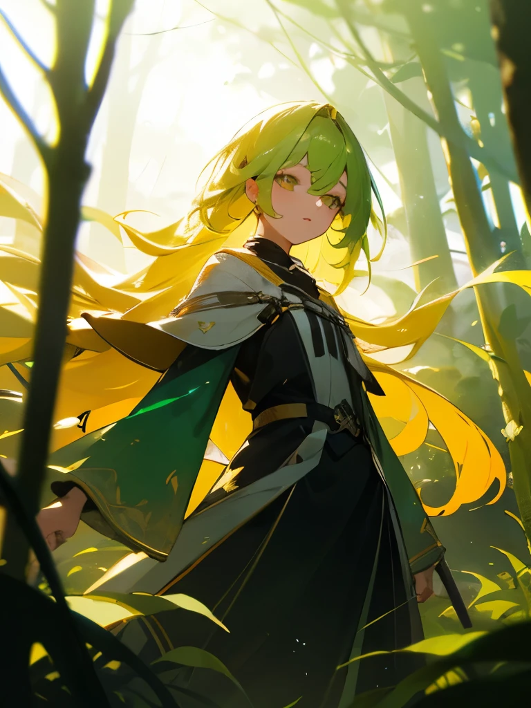 24 anos, soft lighting, protetora da natureza, olhos verde claros, long yellow hair with green gradient, de frente, elfa, natureza, floresta