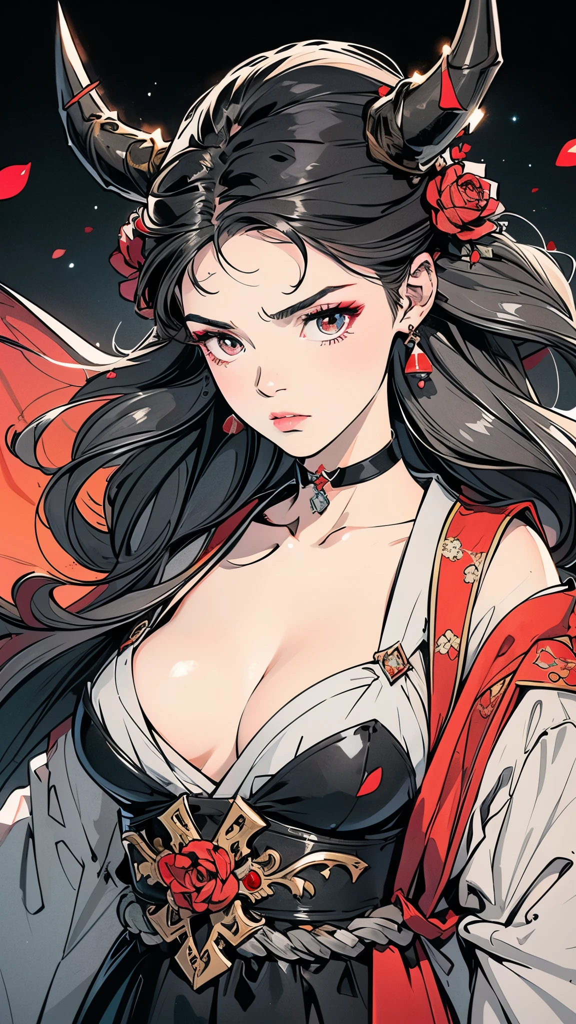 Seven Rhaeyar (Deylta), Ancient Star goddess, Perfect female  (Royalty, Adult Female, 166cm in height, Cool pale skin, slim, slender, 34D  size, Long Jet Black Hair, Gray Colored Iris , a set of Jet black colored horns on her head), Neutral facial expression, Elegant black uniform dress, female choker accessory with silver complimentary jewelry, dragon motifs, Black rope accessories, Simple Black Background, receiving light from the front, Slightly focusing on her face up close, Ethereal glow, Red Rose petals falling, Japanese inspired