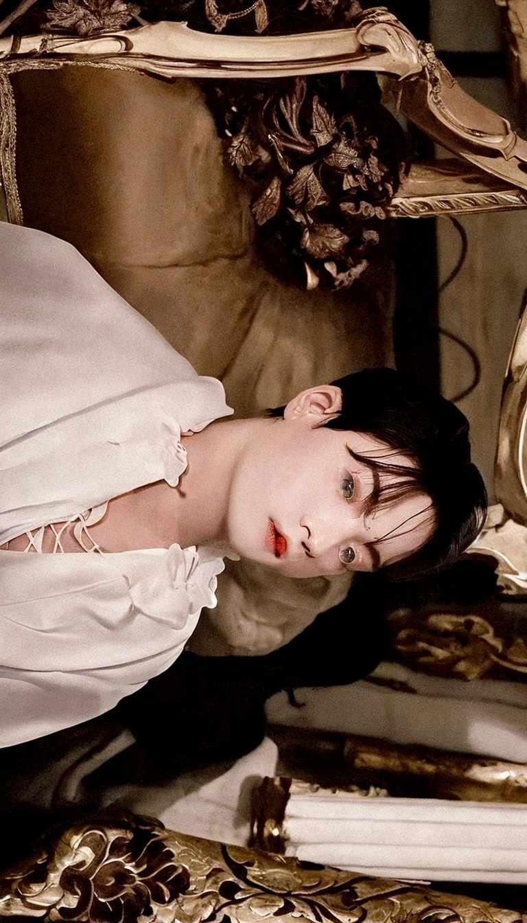 Jungkook de BTS, May your hair be magical, a very light sky blue., white eyelashes and red eyes, that exudes elegance everywhere like a prince, que la foto parezca como si fuera una pintura barroca, nariz perfilada