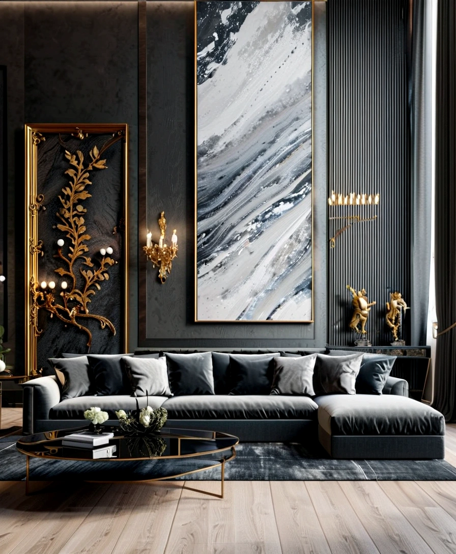 arafed living room with a large couch and a large painting, elegant and refined, in style of kyrill kotashev, elegant and ornate, luxury condo interior, charcoal and silver color scheme, ornate and elegant, magnificent design, cozy contemporary living room, luxury hd render, luxurious environment, dramatic rendering, living room, tall ceilings, stunning render