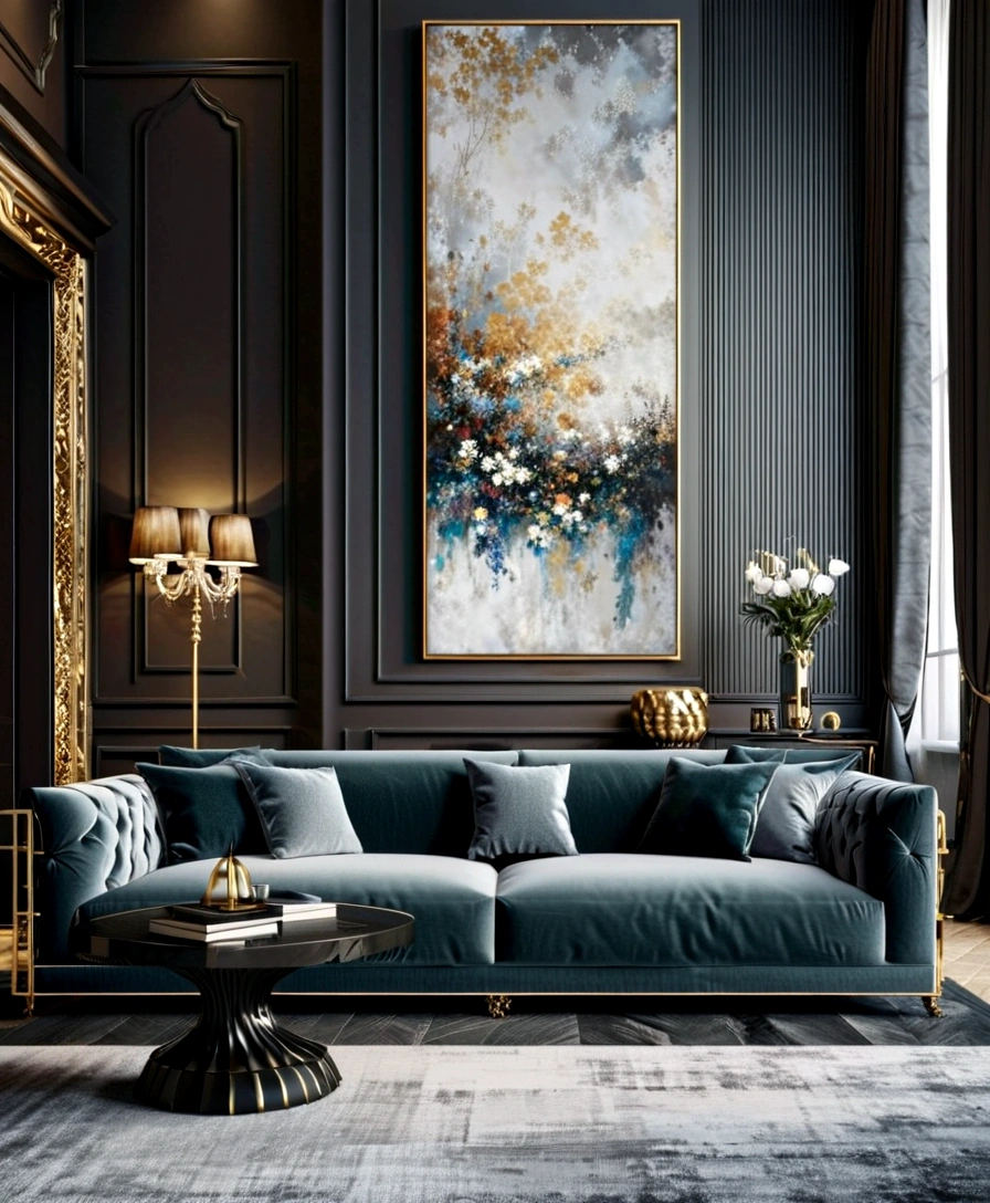 arafed living room with a large couch and a large painting, elegant and refined, in style of kyrill kotashev, elegant and ornate, luxury condo interior, charcoal and silver color scheme, ornate and elegant, magnificent design, cozy contemporary living room, luxury hd render, luxurious environment, dramatic rendering, living room, tall ceilings, stunning render