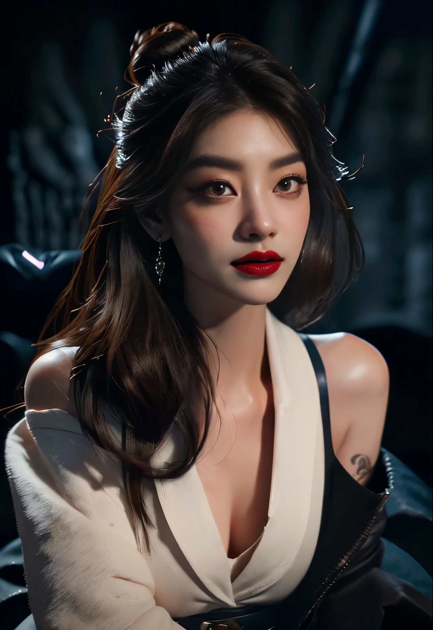 (High resolution,Practical) Long hair girl,skirt, Beautiful demon woman from hell, (in the darkness: 1.6), Very rich facial details，Red-black lips, Shoulder devil tattoo，rugged, Moderate: Detailed facial features, Determine the expression, Dark background，The environment is mysterious and elegant, Model, High contrast required, Jewelry, earrings, miniskirt, shirt, Jacket, brown hair, 白shirt, A bracelet, Hair Bun, single Hair Bun, long skirt, Shut up, Hoop Earrings, blue Jacket, skirt, Beautiful demon woman from hell, (in the darkness: 1.6), 大卫霍克尼和阿尔方斯穆夏的Surrealism女性portrait, Fantasy Art, Korean Doll, Photorealism, Dynamic Lighting, Art Station, poster, Volumetric Lighting, Very rich facial details, 8K, in the darkness, Deep Shadows, low pitch, long hair, Black Hair, Luxurious Palace, Royal style, Demon Crown, The red eye makeup is very vivid and detailed, the most beautiful face, Normal ??????, Surrealism, Charming smile, The eye makeup is beautiful, Gurwitz, Devil style, Red-black lips, Shoulder devil tattoo, Gloomy weather，Thunder, (portrait), Close-up of the protagonist, (Scene details 1.8), Revealing clothes, cosmetic, 白skirt
