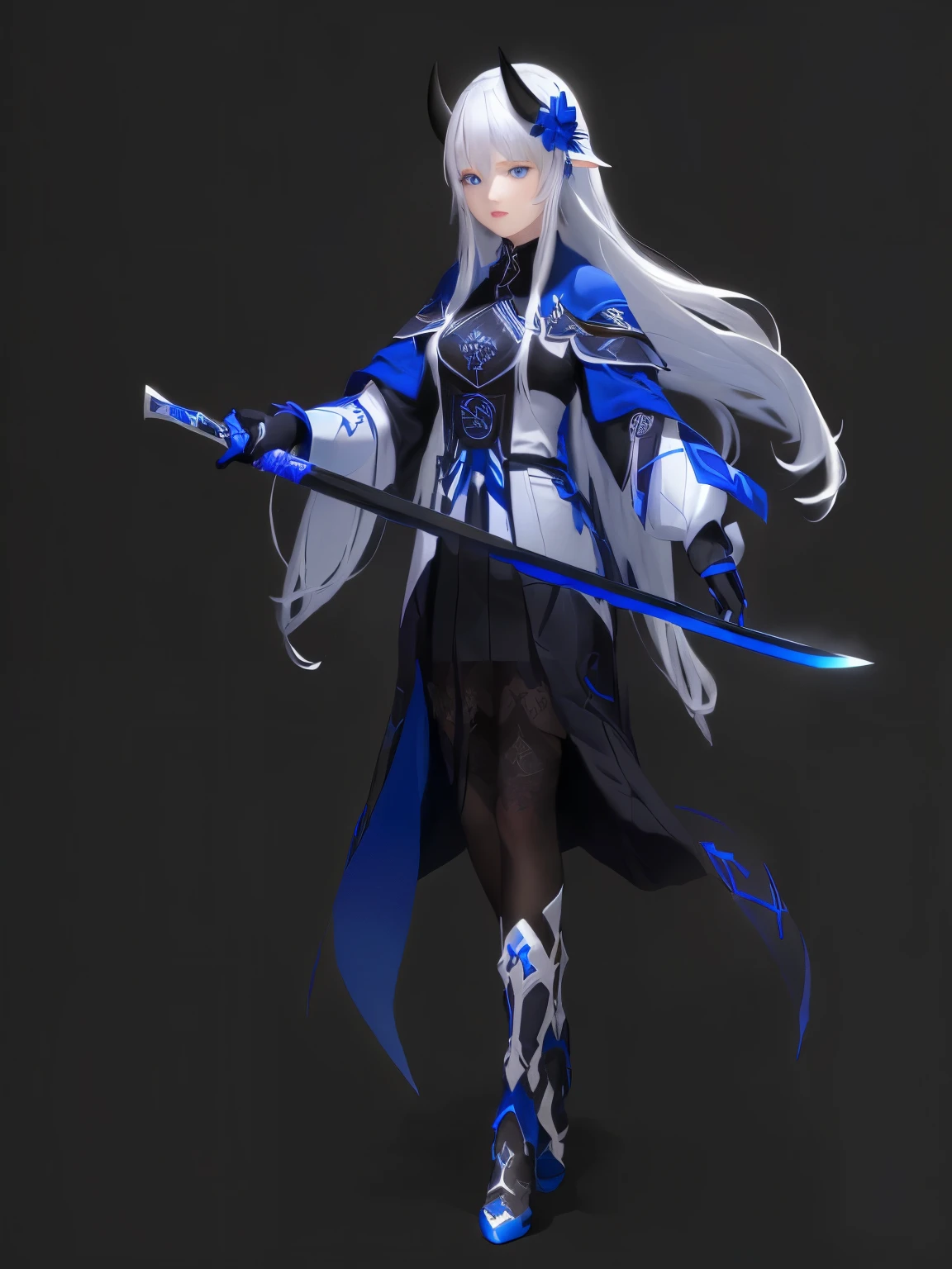 a close up of a girl holding a sword, long white hair, back and white dress with blue, blue eyes, black horns