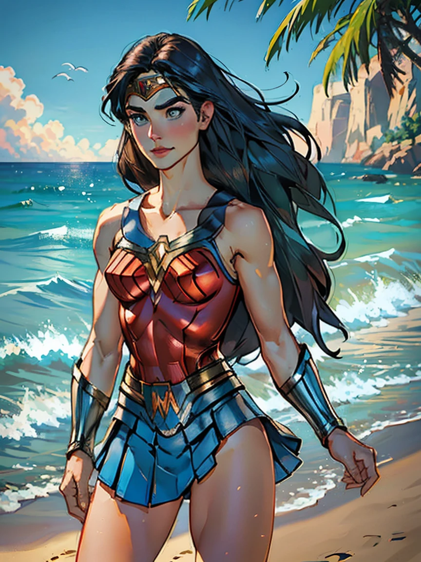 Masterpiece, Jennifer Connelly, cowboy shot, wearing a sexy Wonder Woman leotard, small Wonder Woman skirt, perfect detailed eyes, delicate smile on your face, on a windy and sunny beach with palms and a tranquil sea on the horizon.