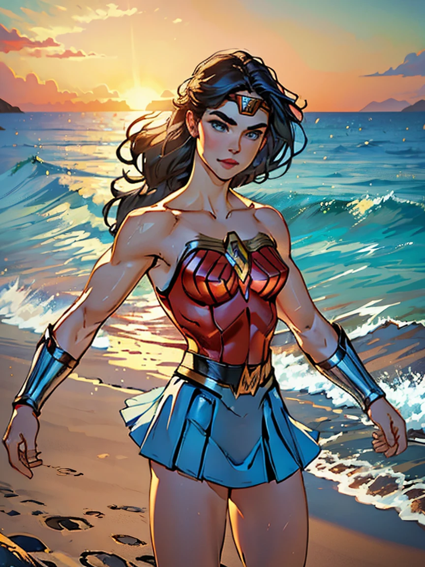 Masterpiece, Jennifer Connelly, cowboy shot, wearing a sexy Wonder Woman leotard, small Wonder Woman skirt, perfect detailed eyes, delicate smile on your face, on a windy and sunny beach with palms and a tranquil sea on the horizon.