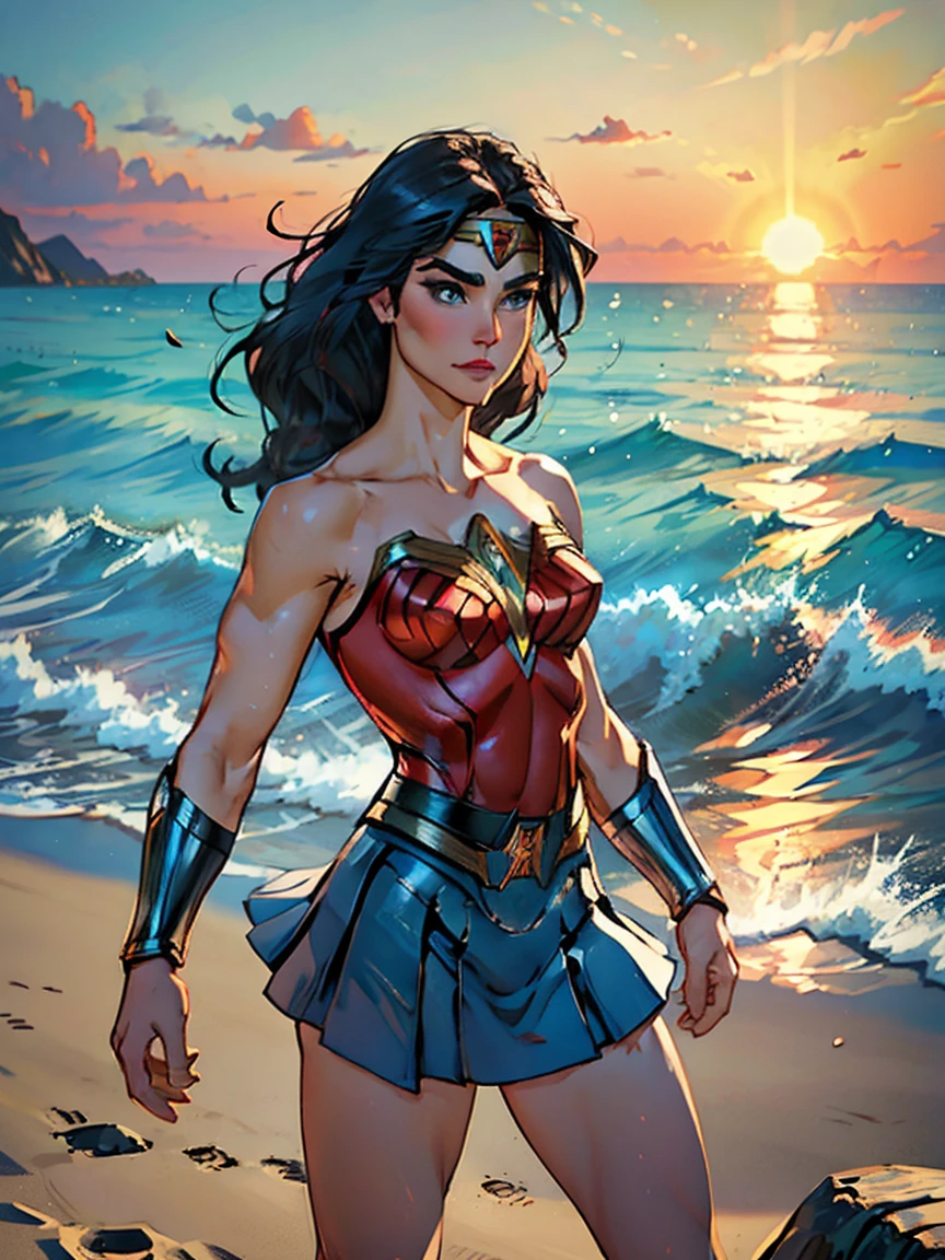 Masterpiece, Jennifer Connelly, cowboy shot, wearing a sexy Wonder Woman leotard, small Wonder Woman skirt, perfect detailed eyes, delicate smile on your face, on a windy and sunny beach with palms and a tranquil sea on the horizon.