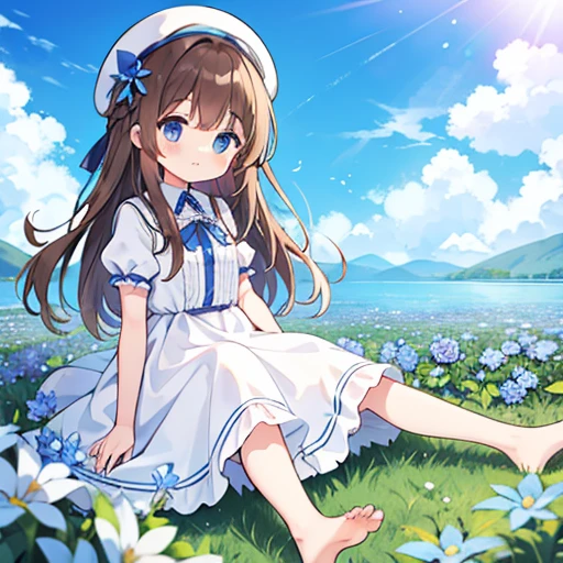 1 girl, white frill dress, blue flower field, sunlight, blue sky, summer, white beret, brown hair, blue eyes, princess long hair, short height, she sits barefoot on flowers,