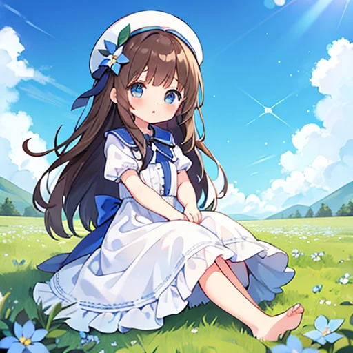 1 girl, white frill dress, blue flower field, sunlight, blue sky, summer, white beret, brown hair, blue eyes, princess long hair, short height, she sits barefoot on flowers,