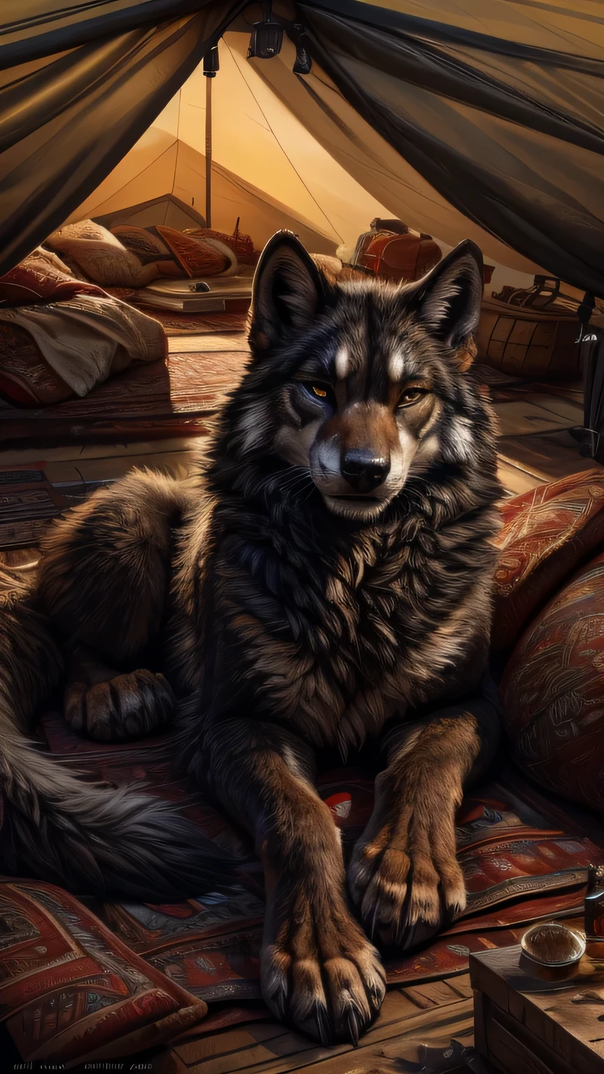 a very fluffy large black female feral wolf laying on back spread legs in a tent looking at viewer, (feral), paws, pawpads, feral, detailed fur, nsfw, detailed background, fluffy, tent, pillow,, best quality, shaded, extreme detail, highly detailed, ultradetailed, intricate, realistic, detailed background, hi res, realistic, photography \(artwork\), (by kenket), by ross tran, by michael & inessa garmash, by pino daeni, by isvoc, by kiguri, by alena aenami, by ruan jia, (by zenthetiger, by wolfy-nail), by Enki Bilal, by drmax, photorealism,