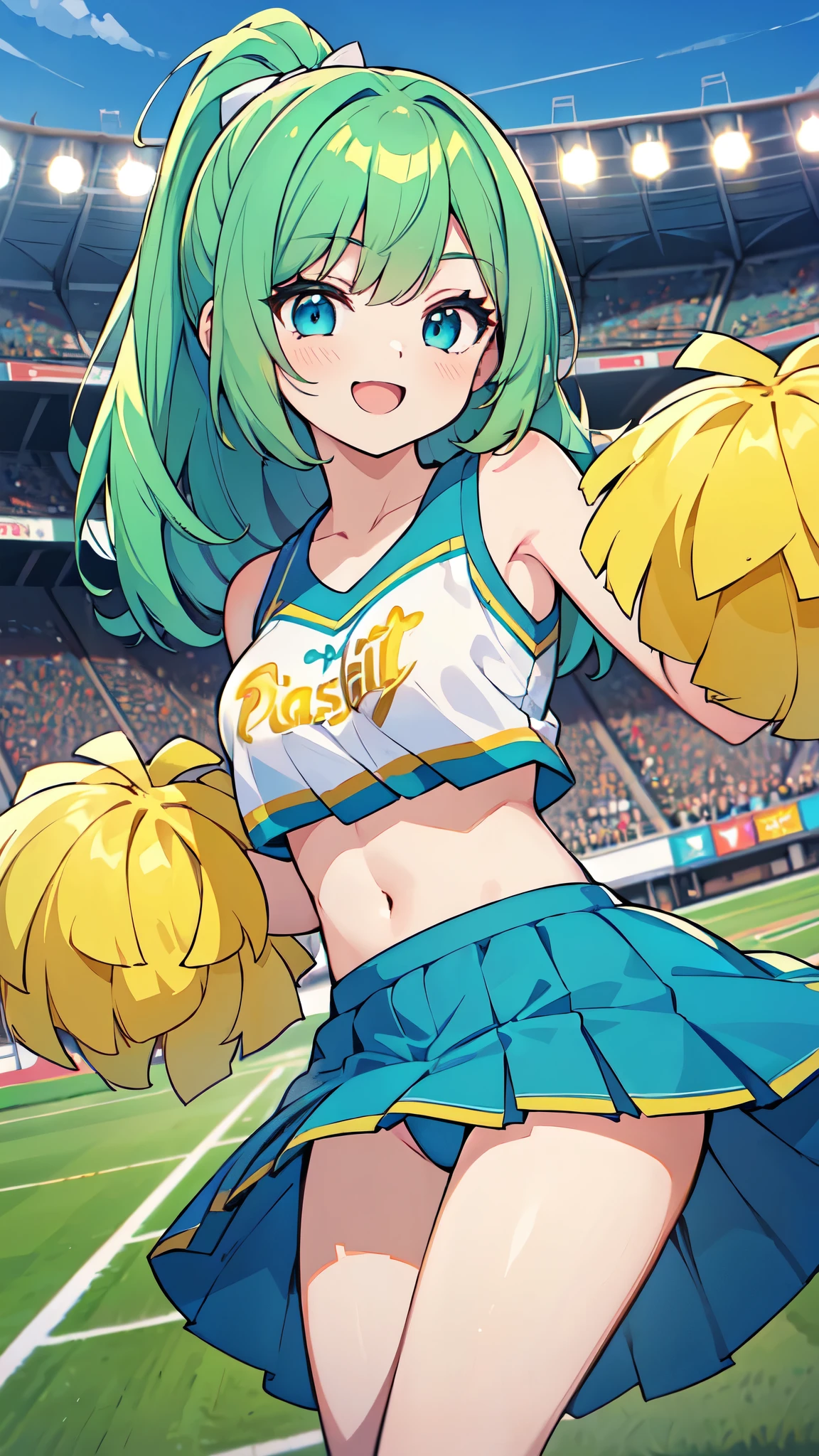 ((A Pretty cheerleader with green hair and blue eyes)), , ((master piece, top-quality, ultra-definition, high resolution)), anime girl, ((ultra-detailed illust:1.2)), only one person, bangs, hair between eye, beautiful hair, Shiny eyes, Medium breasts, Big smile, opened mouth, enjoying, in the stadium