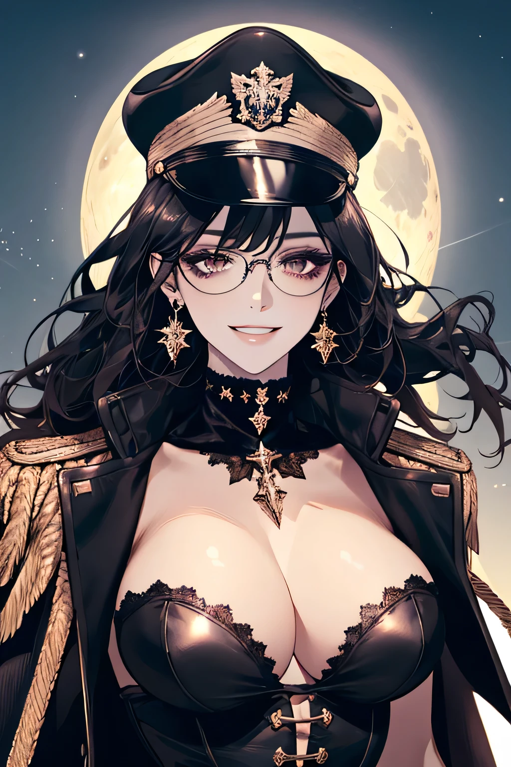( Detailed Description, High resolution,8k wallpaper,, masterpiece,highest quality,Depth of region),Chest and face shot. Beautiful young woman、so beautiful、Anatomically accurate depiction,Black Hair,Facial details、Glasses、Gold earrings in the ears,(Provocative smile),(She is wearing a black military cap..,Black military jacket、Black Leather Gloves)、(Big Breasts)、Cleavage,Accurate hand drawing. Full moon in the background,night,tank.