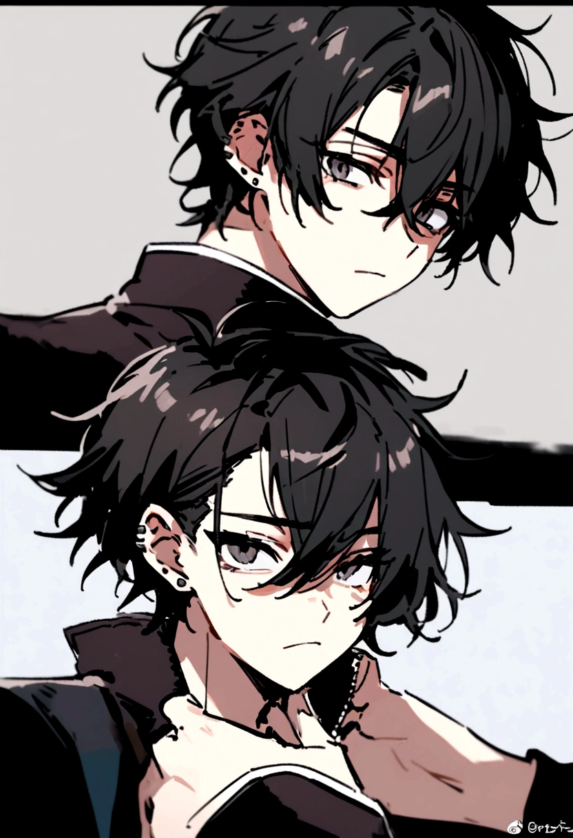 A handsome young man,with messy hair and beautiful black tired eyes that has long eyelashes and with ear piercings