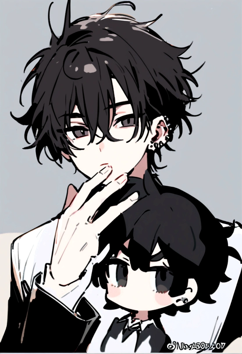 A handsome young man,with messy hair and beautiful black tired eyes that has long eyelashes and with ear piercings