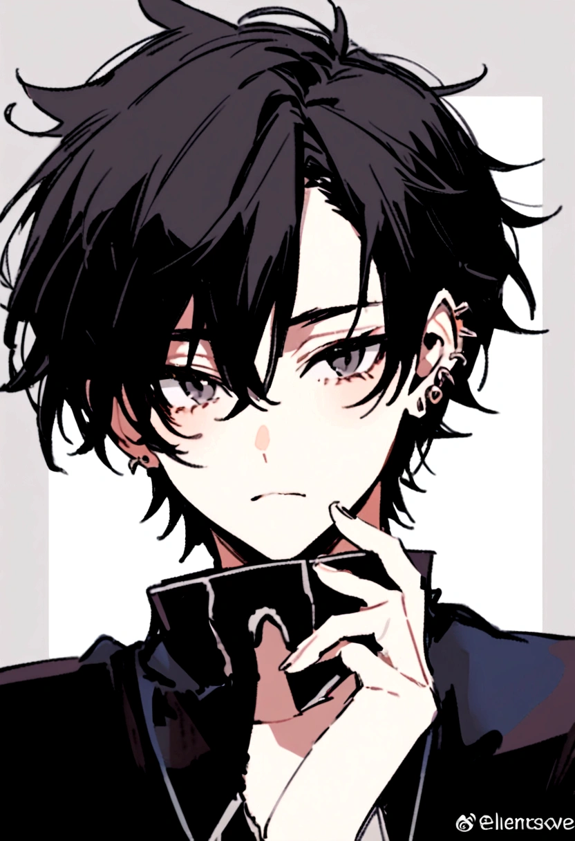 A handsome young man,with messy hair and beautiful black tired eyes that has long eyelashes and with ear piercings