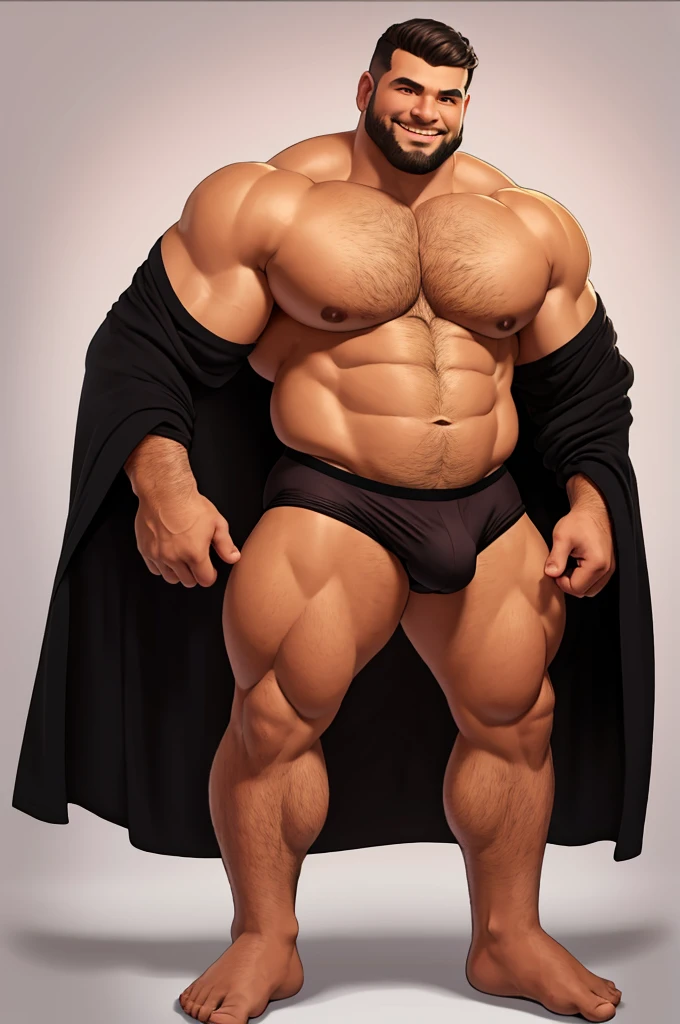 40 anos, homem branco, alto, corpo gigante, bonito, pai, musculoso, strong arms and legs, Ombros largos, intestino muscular, um pouco gordo, mas ainda muito musculoso, extremamente peludo, barba curta, wearing a black robe with long sleeves, vestindo uma cueca boxer preta, titanic bulge inside boxer briefs, bare feet, segurando uma caneca, sorrindo amplamente, Cozinha luxuosa, foto de corpo inteiro, 3/4 view