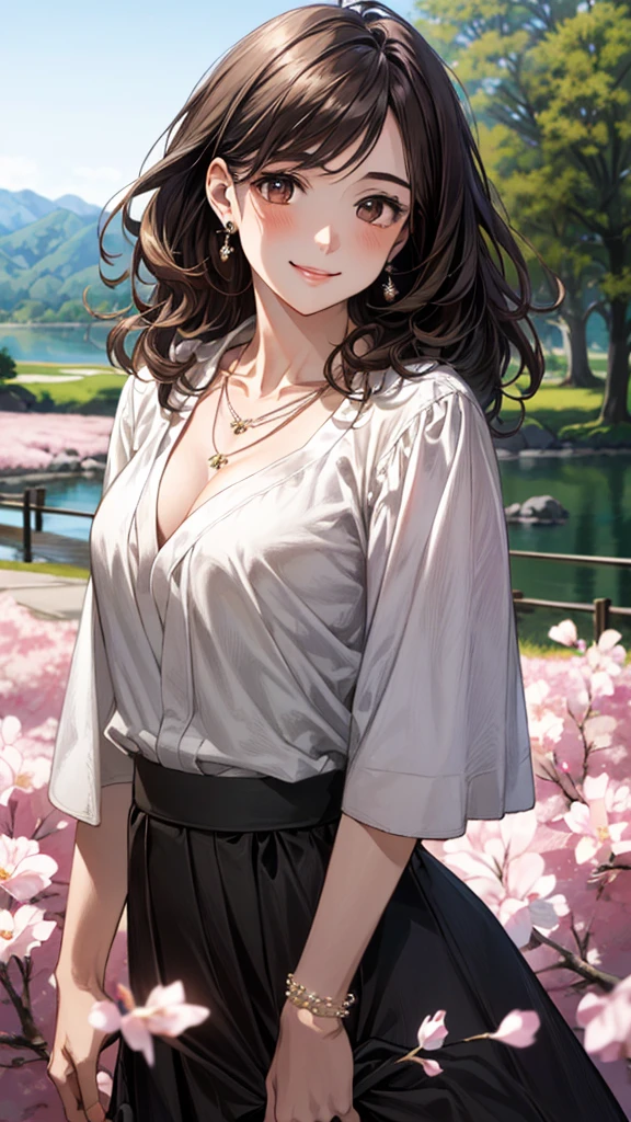 (masterpiece:1.3, highest quality, Ultra-high resolution, Super detailed), (Realistic, photoRealistic:1.4), Beautiful illustrations, Perfect lighting, Natural light, colorful, Depth of written boundary, spring、cherry blossoms, Beautiful detailed hair, Beautifully detailed face, Beautiful fine details,, Beautiful body,, Beautiful feet, Beautiful fingers, Shiny skin, Baby Face, View Viewer,  Full Body Shot、1 beauty, Japanese, single,20-year-old, (Perfect Anatomy, Anatomically correct, Highly detailed skin), Cute and symmetrical face, Perfect Face, smile、Perfect Eyes, (Dark brown hair、Medium Wave:1.4), Dark brown eyes, Long eyelashes, Medium chest,, thin, Excellent style, , (Detailed cloth texture),(necklace:1.4), ((Furuyuwa blouse：1.4)), ((Long skirt:1.4)),(Beautiful views), evening, (かわいらしいsmile, Lips parted),
