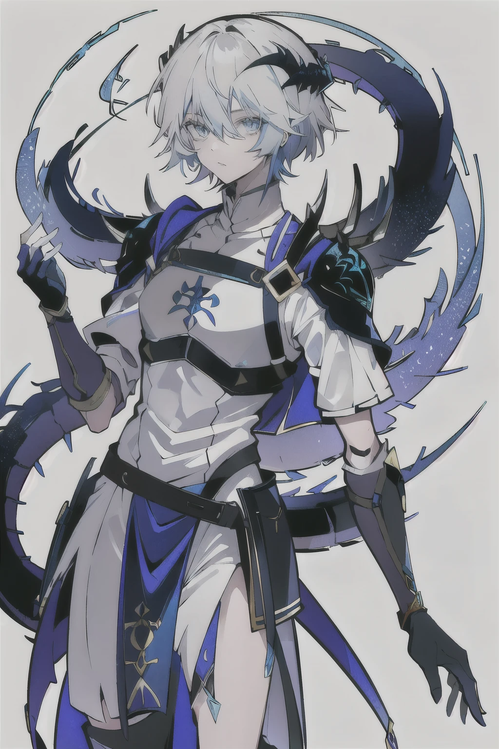 um homem de anime  com 1.80 de altura (cabelos longos prateados) com (olhos verdes) com (uma cicatriz em sua testa em x) e (several runes on his body with a blue color but the most striking is one that resembles a dragon on his back) 

roupas (he wears a torn cloak and a breastplate with joints and shoulder pads made of old plates with a symbol of two dragons)
