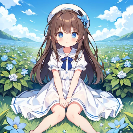 1 girl, white frill dress, blue flower field, sunlight, blue sky, summer, white beret, brown hair, blue eyes, princess long hair, short height, she sits barefoot on flowers,