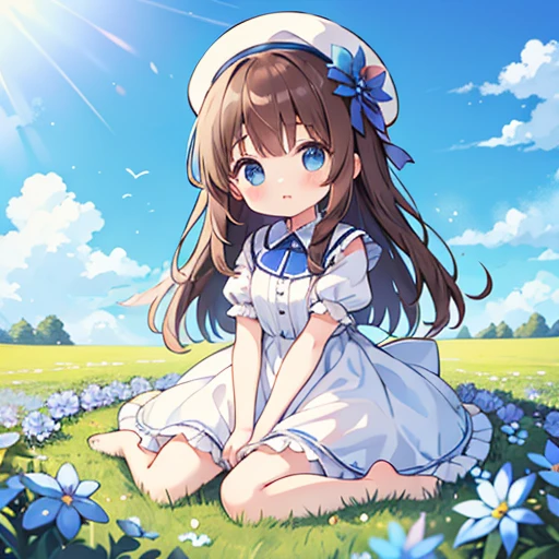 1 girl, white frill dress, blue flower field, sunlight, blue sky, summer, white beret, brown hair, blue eyes, princess long hair, short height, she sits barefoot on flowers,